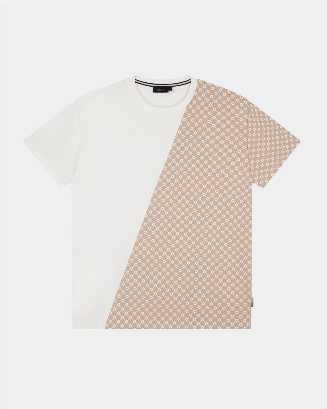 Confirm All Over Monogram heren T-shirt in zwart/grijs mêlee, diagonaal gedeeld met half all-over monogram print, oversized fit