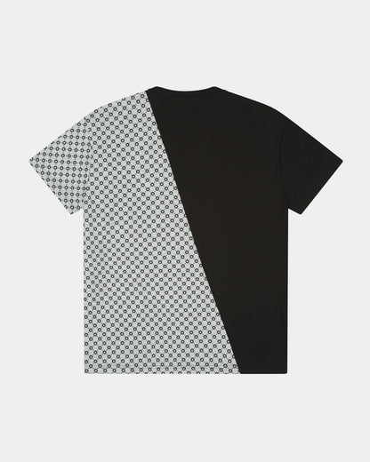 Confirm All Over Monogram heren T-shirt in zwart/grijs mêlee, diagonaal gedeeld met half all-over monogram print, oversized fit