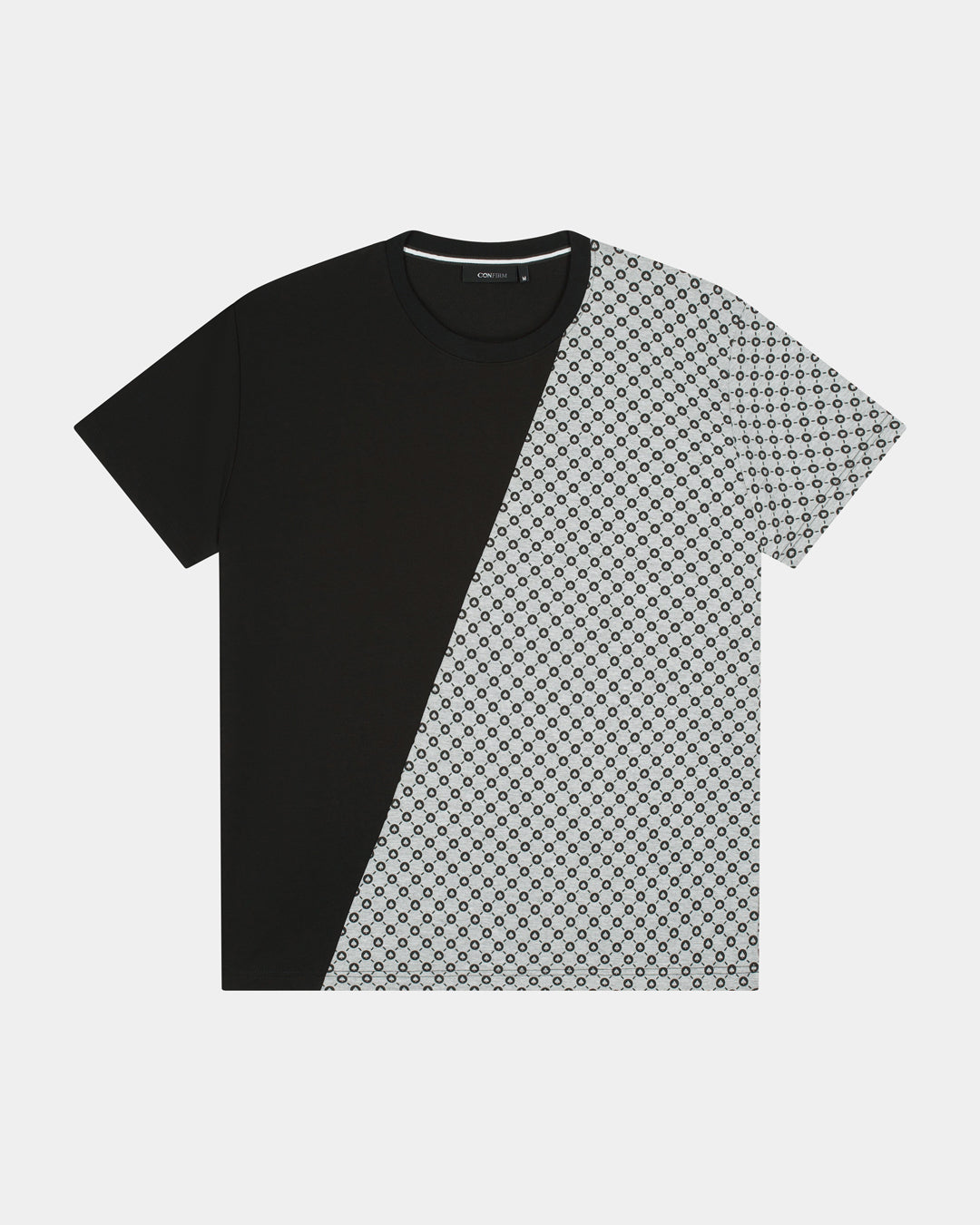 Confirm All Over Monogram heren T-shirt in zwart/grijs mêlee, diagonaal gedeeld met half all-over monogram print, oversized fit