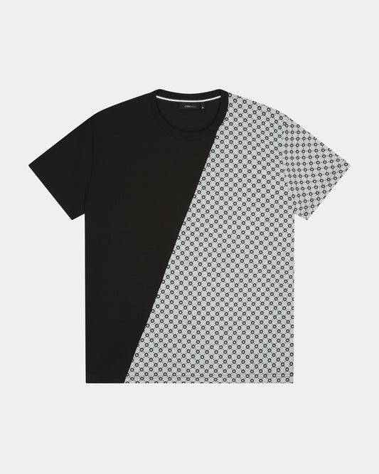 Confirm All Over Monogram heren T-shirt in zwart/grijs mêlee, diagonaal gedeeld met half all-over monogram print, oversized fit