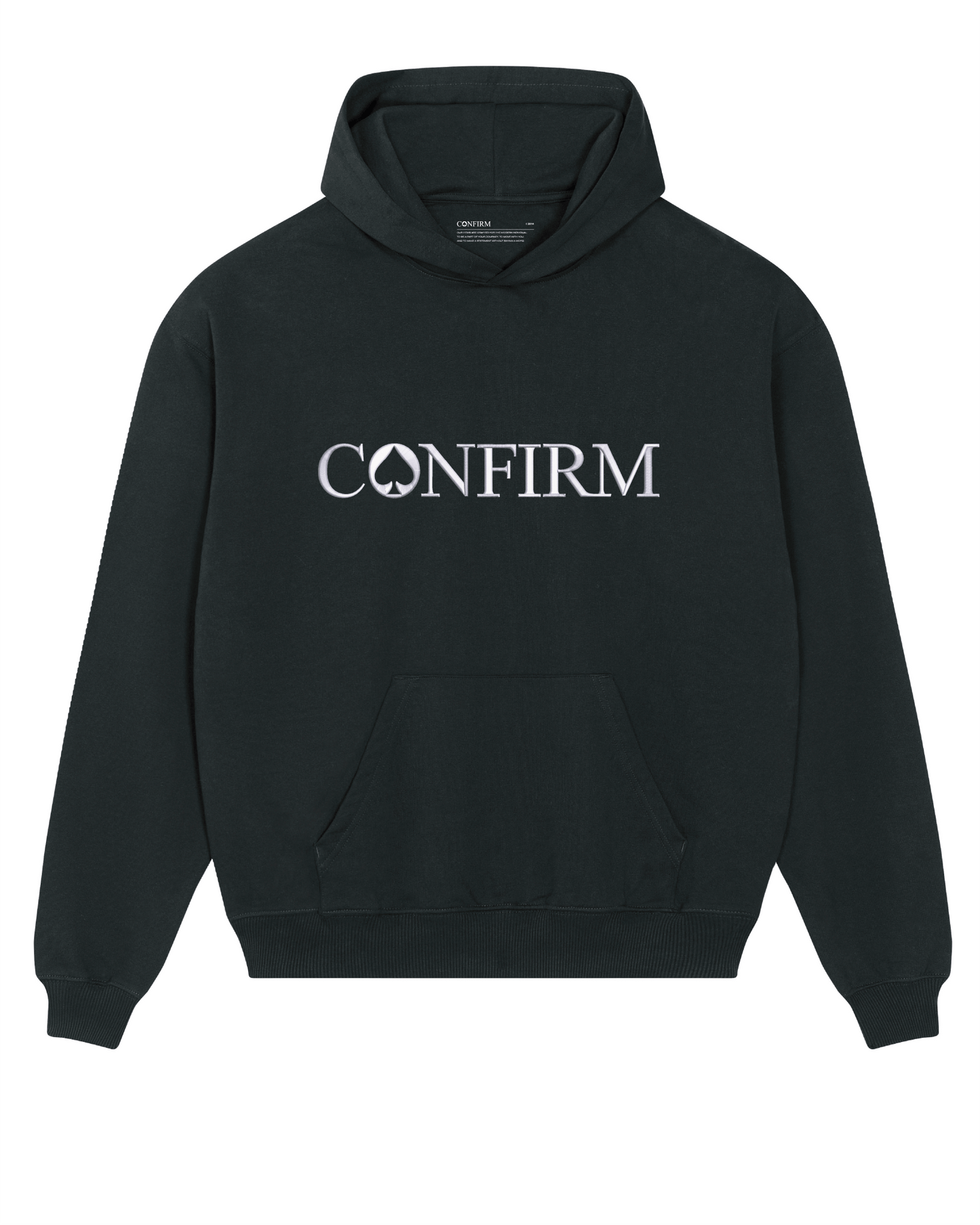 Black hoodie with a white bold 25 cm 3D embroidery on the chest, crafted from premium organic French Terry cotton.