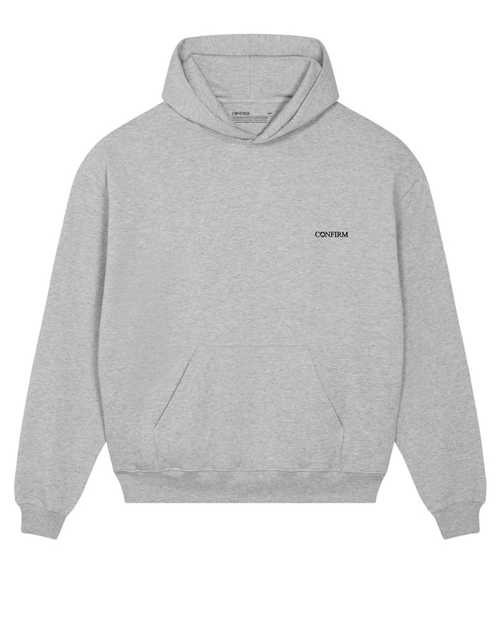 Heather grey hoodie with a minimalist 3D injection print on the left chest, made from organic French Terry cotton.