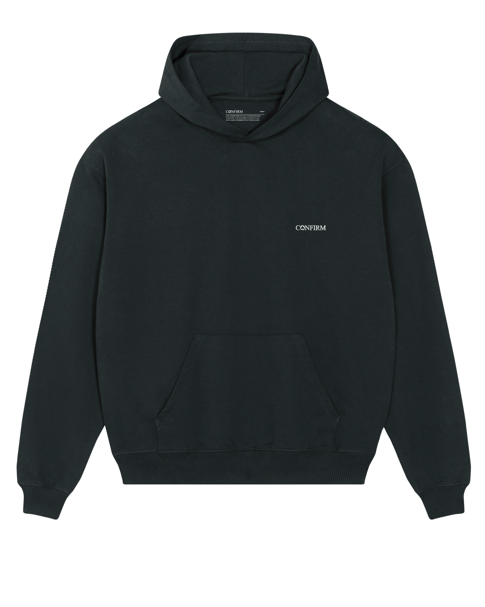 Black hoodie with a minimalist 3D injection print on the left chest, made from organic French Terry cotton.