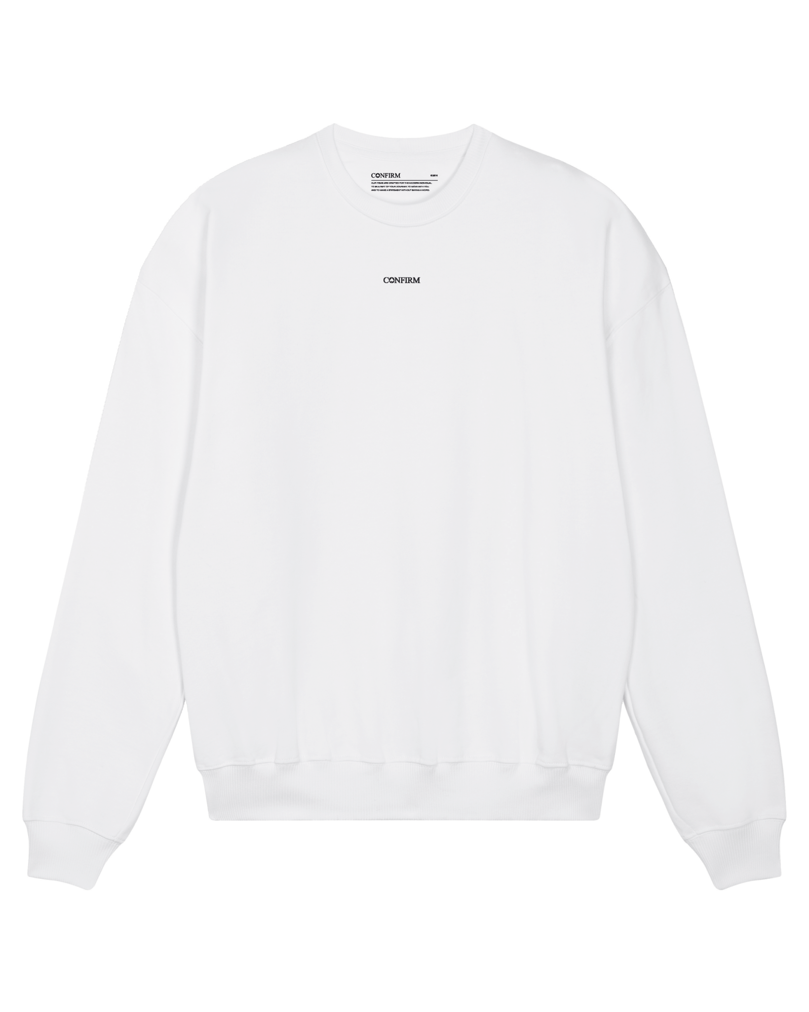 White sweater with a minimalist 3D injection print on the left chest, crafted from premium organic cotton French Terry.