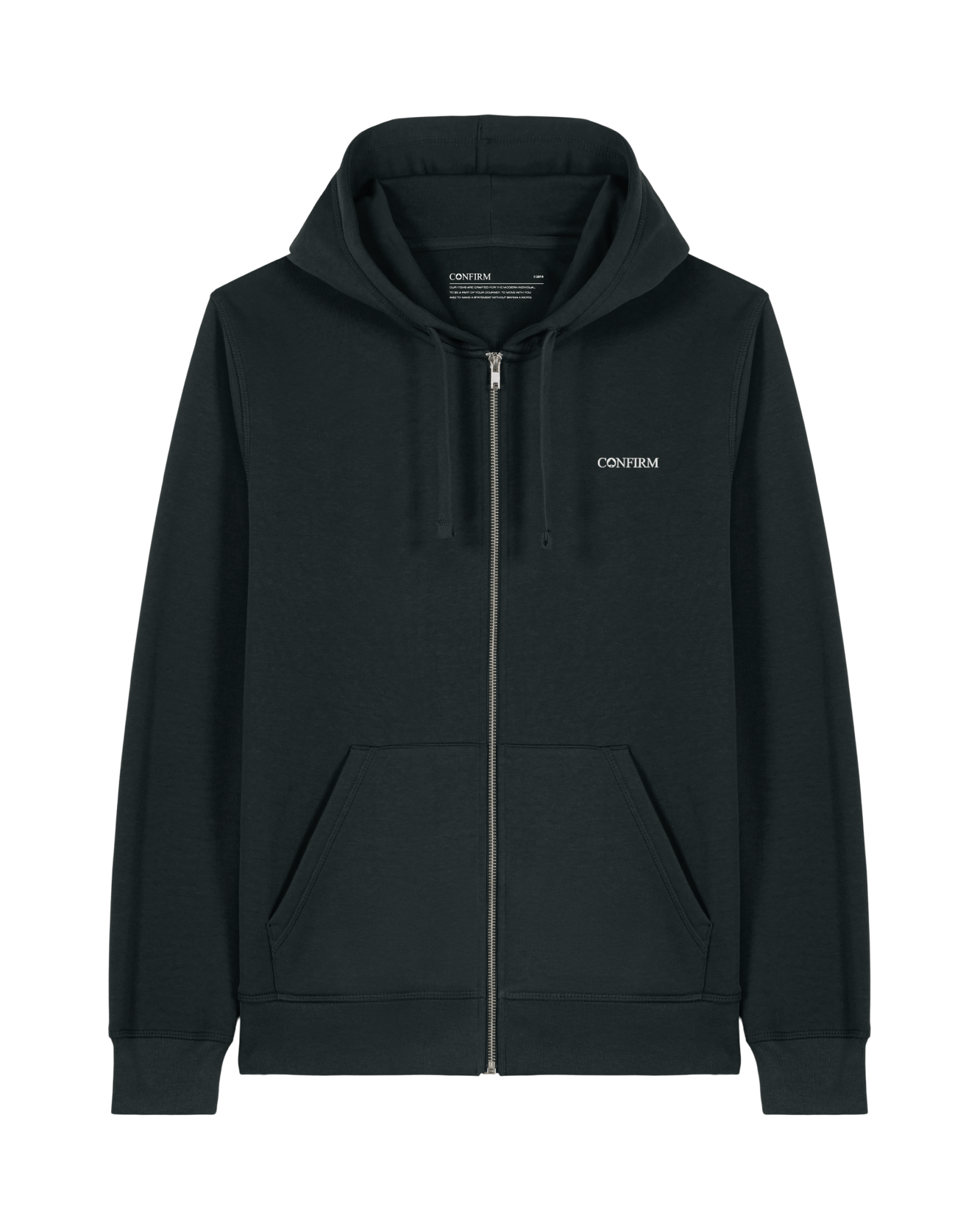 Zwarte zip-up hoodie met een minimalistische 3D injection print op de linkerborst, gemaakt van organisch French Terry-katoen.