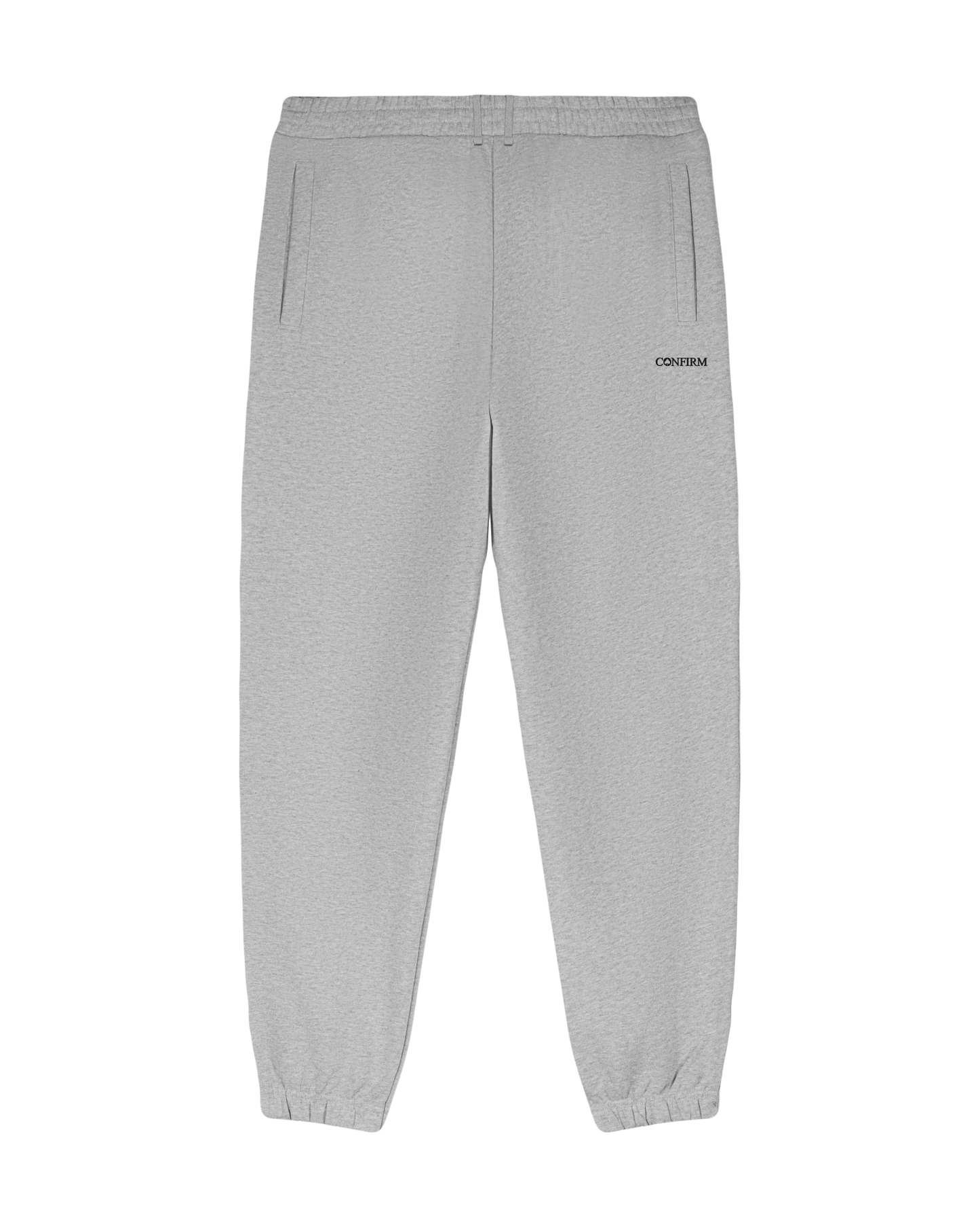 Grey joggers with a minimalist 3D injection print, side pockets, and elasticated hem, crafted from organic cotton French Terry.