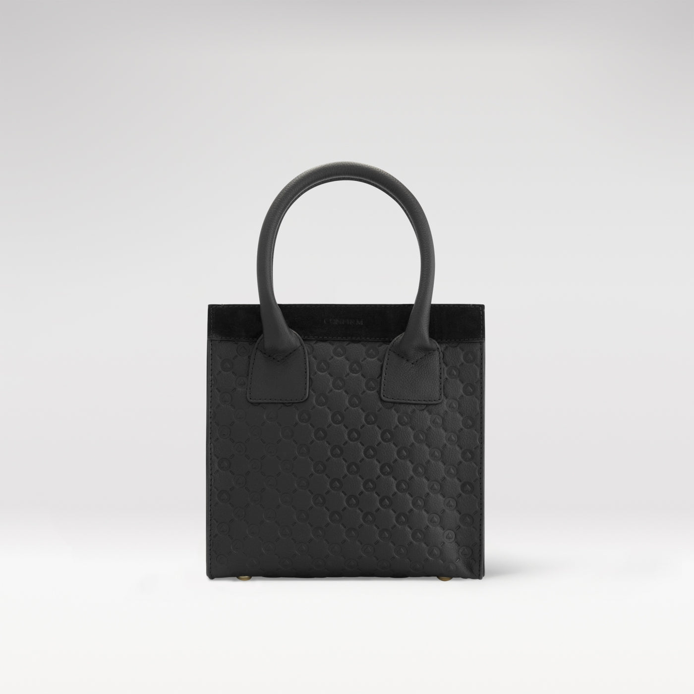 Confirm Mini Tote in zwart, 100% leer met ingestanst spade-patroon en goudkleurige details